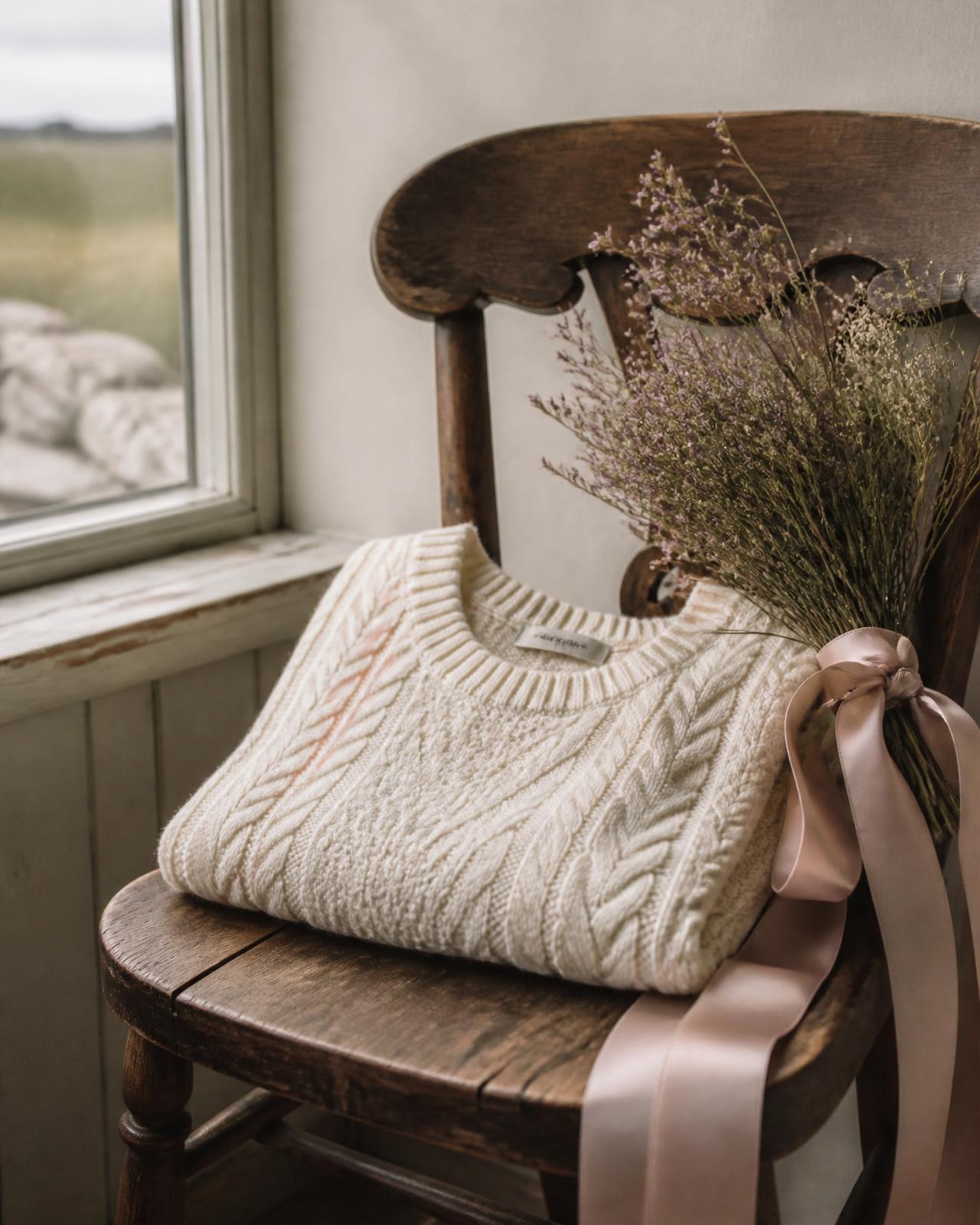 Cream cable-knit jumper folded on an antique chair with dried heather and a blush ribbon